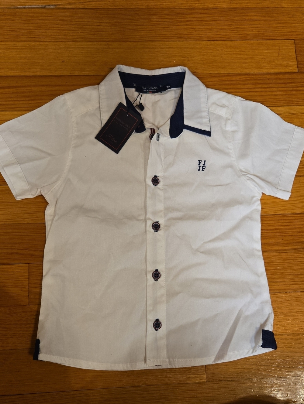 European Boy’s White Short-Sleeve Button-Up Shirt with Navy Trim